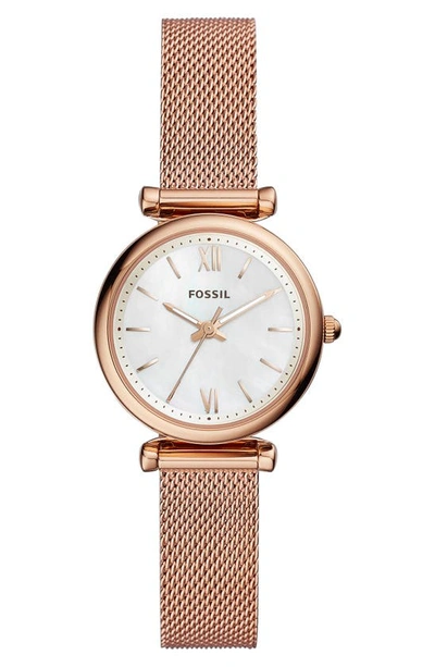 Shop Fossil Mini Carlie Mesh Strap Watch, 28mm In Rosegold/mother Pearl/rosegold