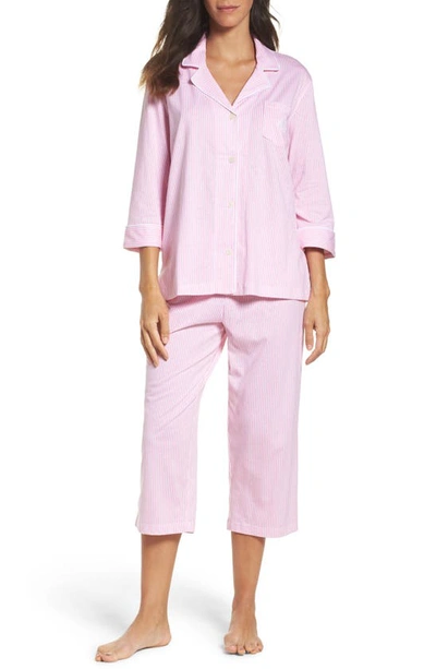 Shop Lauren Ralph Lauren Knit Crop Cotton Pajamas In Lagoon Pink/ White Stripe