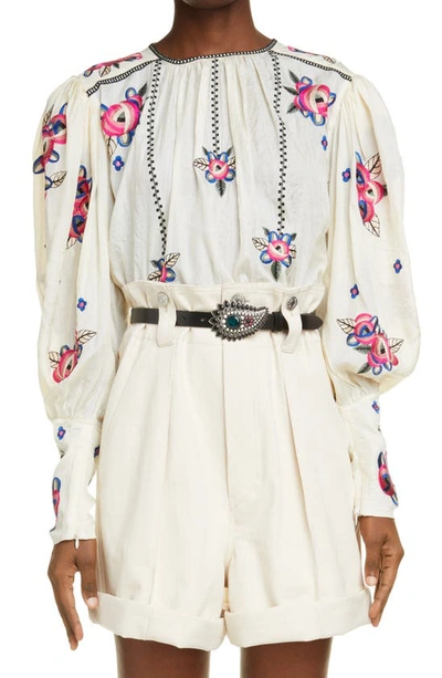 Shop Isabel Marant Ciameli Floral Embroidered Silk Crop Blouse In Ecru 23ec