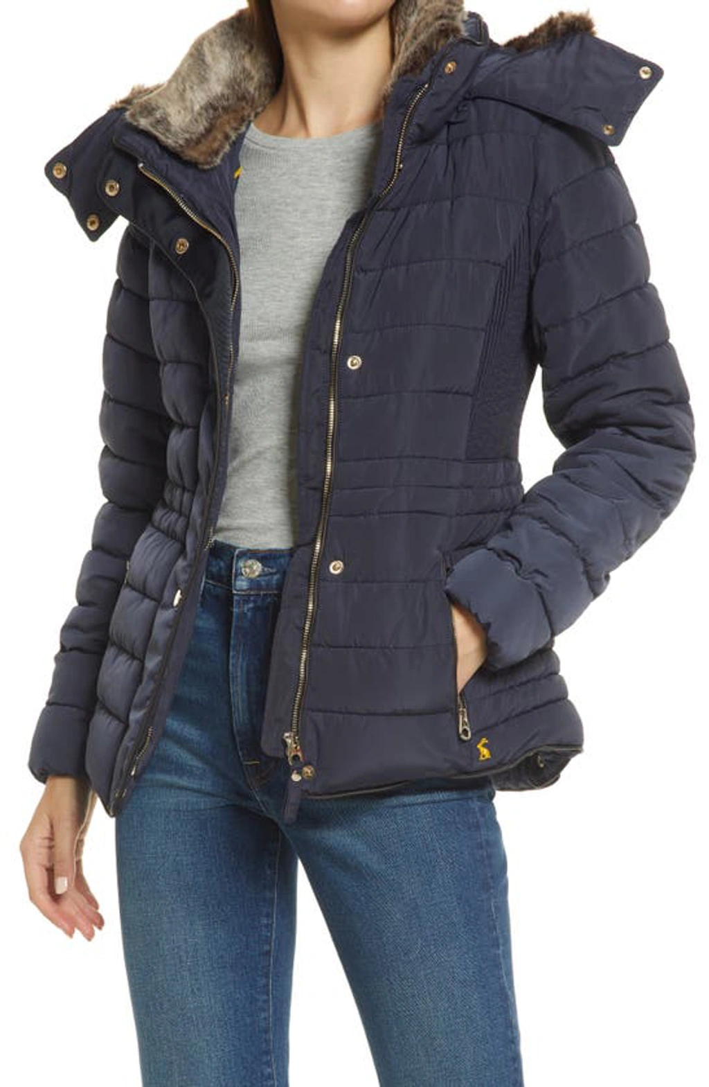 Joules Gosway Water Resistant Puffer Jacket With Removable Hood Faux Fur Trim In Marine Navy ModeSens