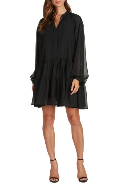 Shop Willow Emma Tiered Chiffon Long Sleeve Minidress In Black