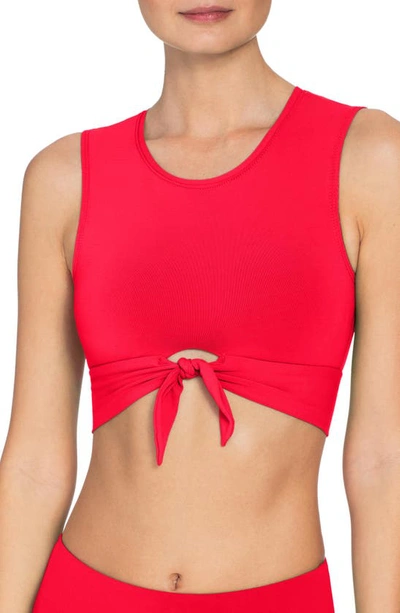 Robin Piccone Ava Longline Knot Front Bikini Top In Fiery Red