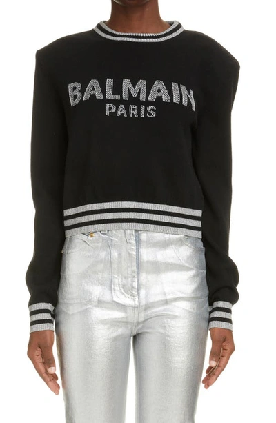 Shop Balmain Mesh Logo Wool Blend Crop Sweater In Noir/ Argent
