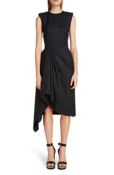 Shop Alexander Mcqueen Pinstripe Asymmetrical Drape Midi Dress In Navy-ivory