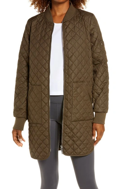 Shop Zella Longline Quilted Bomber Jacket In Green Mountain