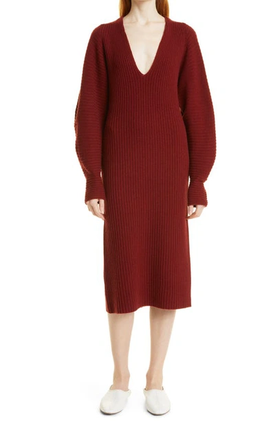 Shop Vince Ribbed Plunge Neck Long Sleeve Wool Blend Dress In 528cur-currant