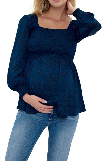 Shop Ingrid & Isabelr Smocked Square Neck Maternity Blouse In Abstract Animal Blue