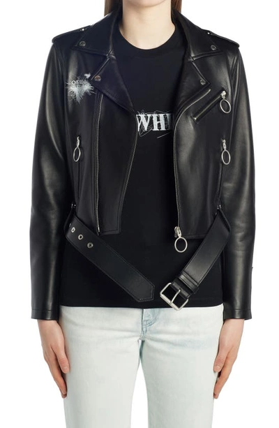 Shop Off-white Pen Arrows Leather Crop Biker Jacket In Black