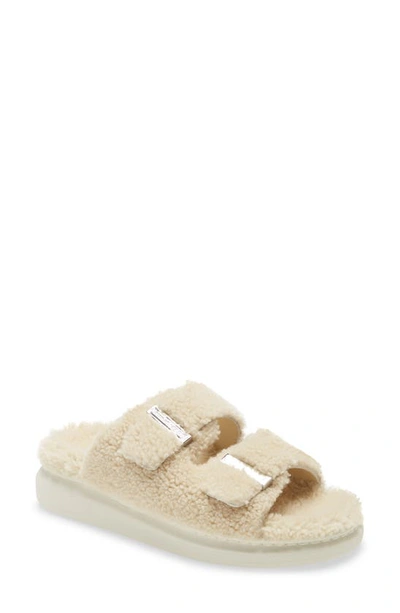 Shop Alexander Mcqueen Genuine Shearling Double Band Slide Sandal In Natural/ Silver