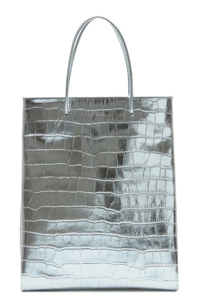 Tall Busted Croc Embossed Leather Tote In Silver
