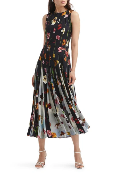 Pleated Floral-print Silk-blend Crepe Midi Dress In Navy Multi