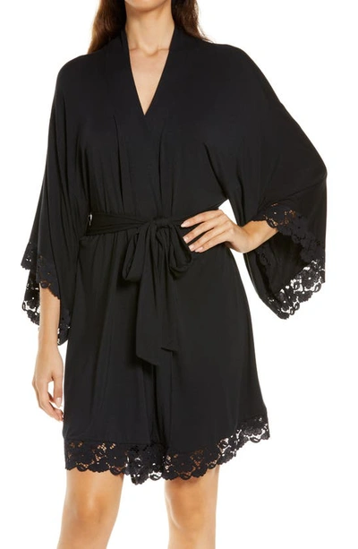 Shop Eberjey Naya Lace Trim Jersey Knit Robe In Black