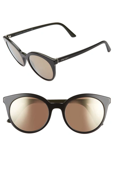 Shop Prada 53mm Round Cat Eye Sunglasses In Black/ Dark Brown Mirror Gold
