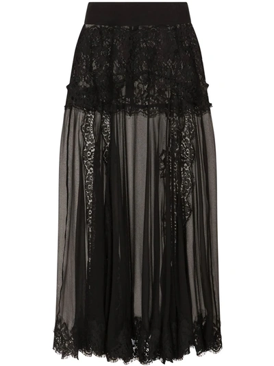 Shop Dolce & Gabbana Chantilly-lace Chiffon Midi Skirt In Black