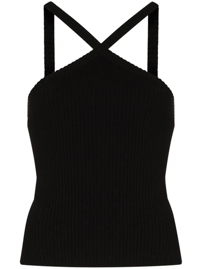 Rta Mae Stretch Cotton Crossover Halter Tank In Black