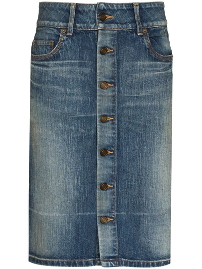 Shop Saint Laurent High-waist Button-up Denim Skirt In Blue
