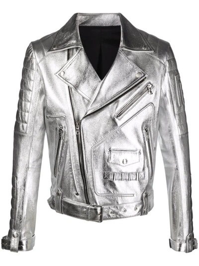 Shop Balmain Metallic Biker Jacket In Silver