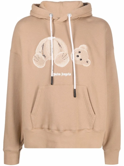 Palm Angels Bear Logo Cotton Hoodie In Neutrals