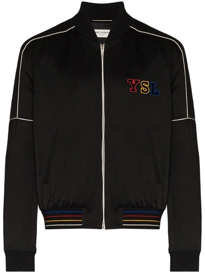 Shop Saint Laurent Embroidered Logo Zipped Bomber Jacket In Black