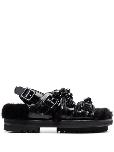 Shop Simone Rocha Multi-strap Faux-fur Sandals In Black