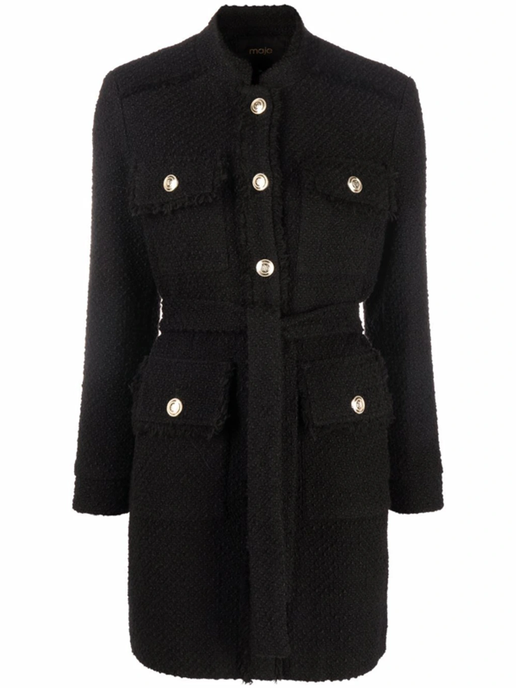 Maje Gamon Belted Tweed style Coat In Black ModeSens
