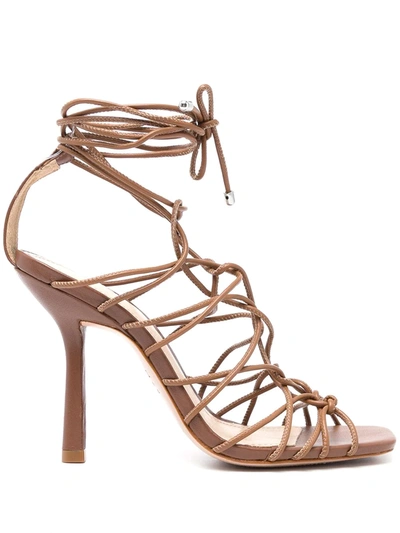 Schutz Heyde Caged Leather Ankle-tie Sandals In Wood | ModeSens