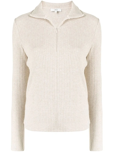 Shop Vince Ribbed-knit Zip-up Cardigan In Neutrals