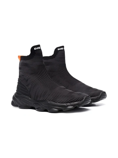Shop Diesel Teen Ribbed Sock-style Sneakers In Black