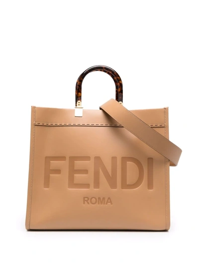 Shop Fendi Sunshine Logo-debossed Leather Tote In Brown