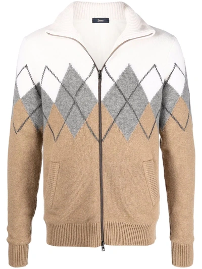 Shop Herno Intarsia Knit Jacket In Brown