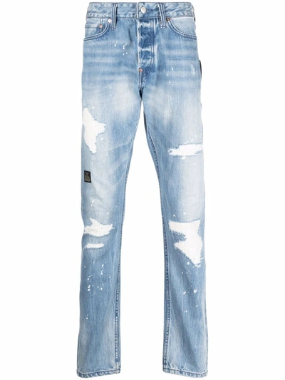 Shop Evisu Distressed-finish Straight-leg Jeans In Blue
