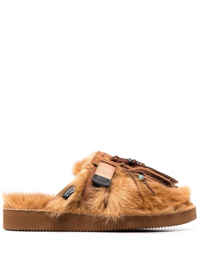 Shop Alanui Fringed Faux-fur Slippers In Brown