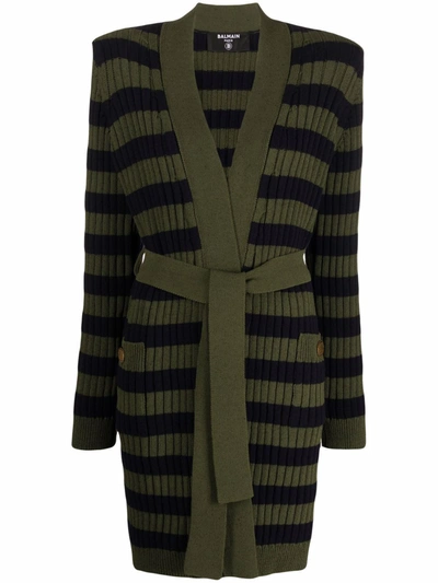 Shop Balmain Tie-fastening Striped Cardigan In Green