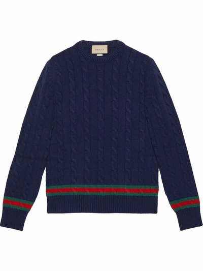 Shop Gucci Web-stripe Cable-knit Jumper In Blue