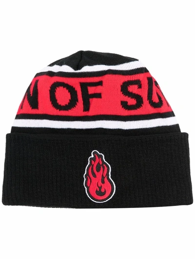 Shop Vision Of Super Flame-patch Knitted Beanie In Black