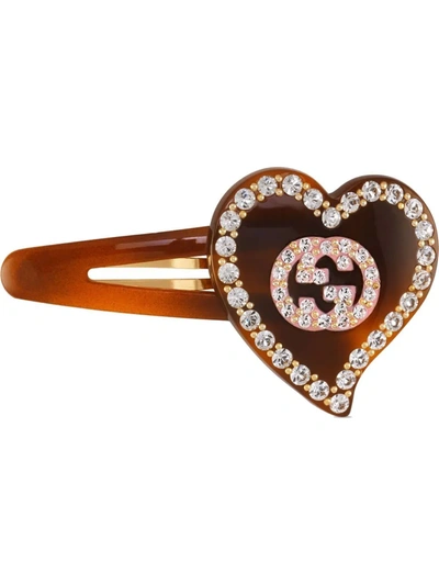 Shop Gucci Hair Clip With Gg And Heart Detail In Brown