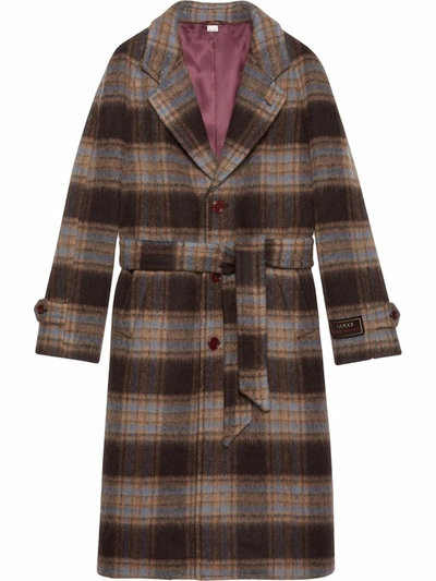 Shop Gucci Check Wool Logo-patch Coat In Brown