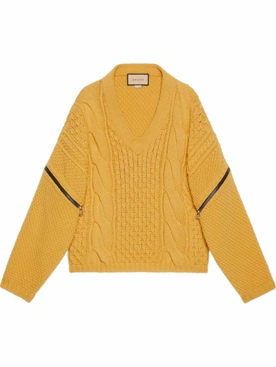 Shop Gucci V-neck Cable-knit Wool Jumper In Yellow