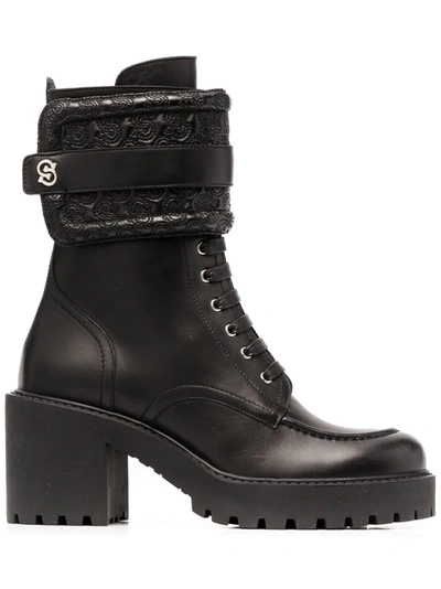 Shop Ferragamo S-embroidered Block-heel Boots In Black