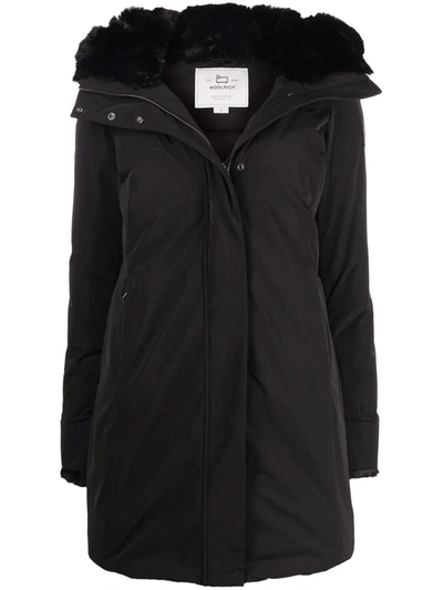 Shop Woolrich Faux Fur-trimmed Hooded Padded Coat In Black