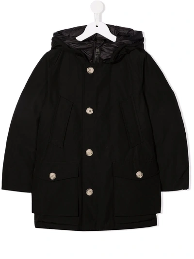 Shop Woolrich Buttoned Hooded Coat In Black