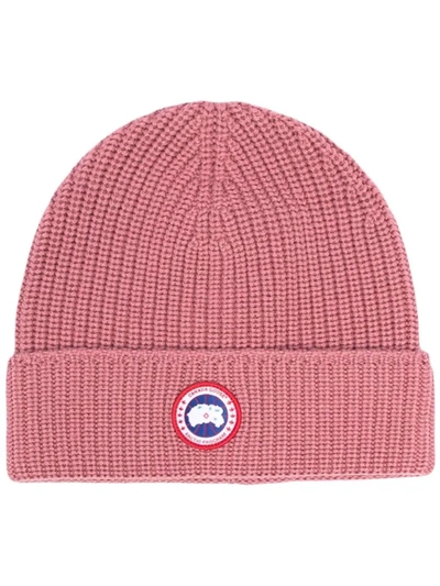 Shop Canada Goose Logo-patch Knitted Beanie In Pink