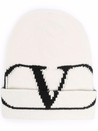 Shop Valentino Intarsia-knit Logo Beanie In White