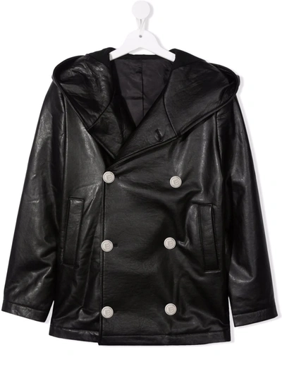Shop Balmain Teen Embossed-logo Double-breasted Jacket In Black