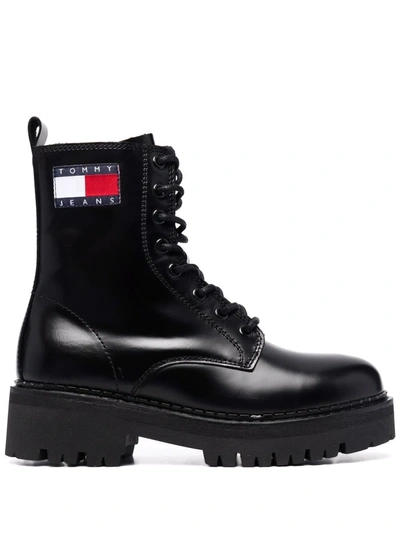 Shop Tommy Hilfiger Cleat Logo-badge Combat Boots In Black