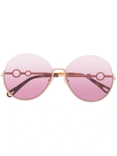 Shop Chloé Round-frame Logo-charm Sunglasses In Gold