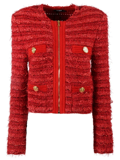 Shop Balmain Tweed Zip Jacket In Red