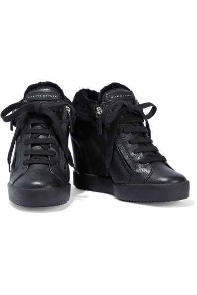Giuseppe Zanotti Addy Shearling-lined Pebbled-leather Wedge Sneakers In  Black | ModeSens