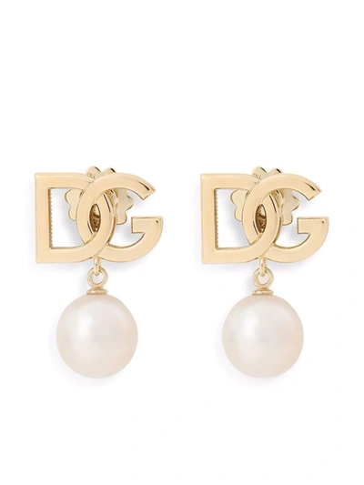 Shop Dolce & Gabbana 18kt Yellow Gold Pearl-embellished Logo Earrings
