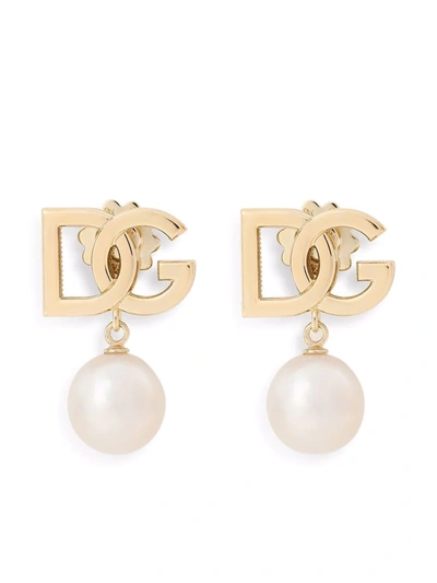 Dolce & Gabbana 18kt Yellow Gold Pearl-embellished Logo Earrings In Gold
